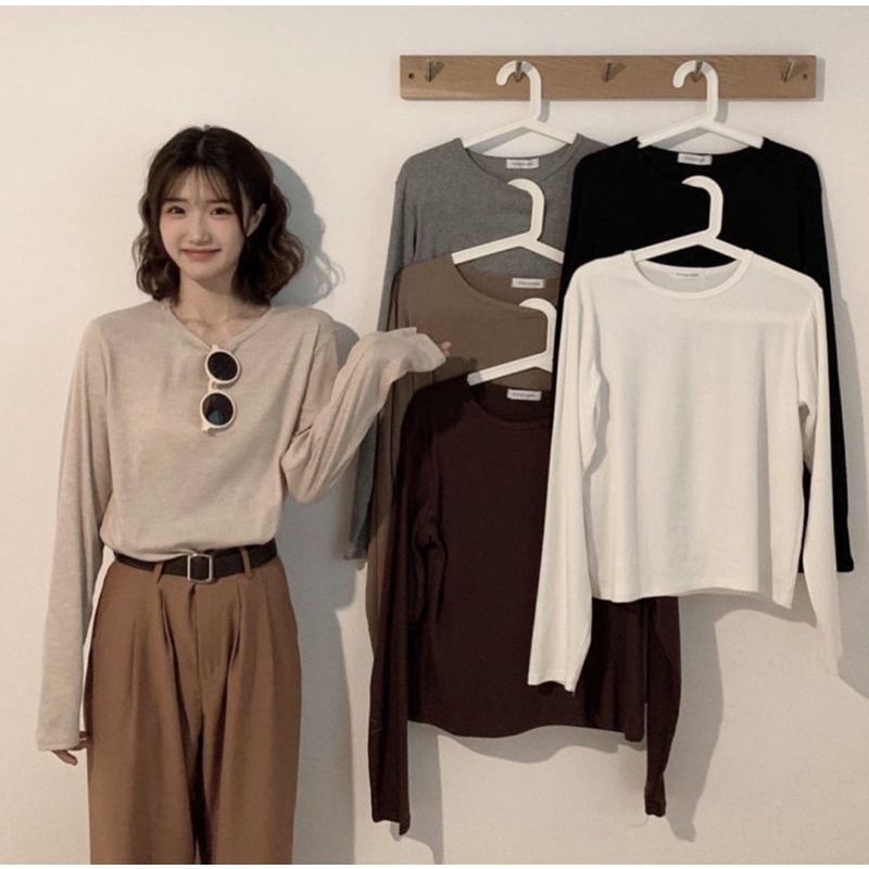Somedays_closet l พร้อมส่ง Kylie shirts เสื้อยืดแขนยาวสีเอิร์ธโทนสไตล์มินิมอลแบบเกาหลี
