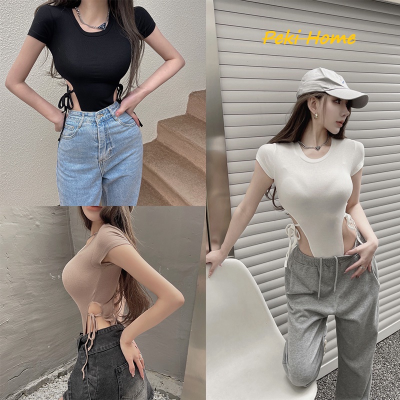 พร้อมส่งบอดี้สูท เสื้อสายฝอ รวมบอดี้สูทเว้าสูง พร้อมส่ง บอดี้สูทแขนสั้น แต่งเชือกผูกเอวด้านข้าง