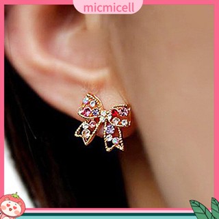 (micmicell) เครื่องประดับสตรีต่างหูกระดุมโบว์ที่มีสีสันคริสตัลสีทอง