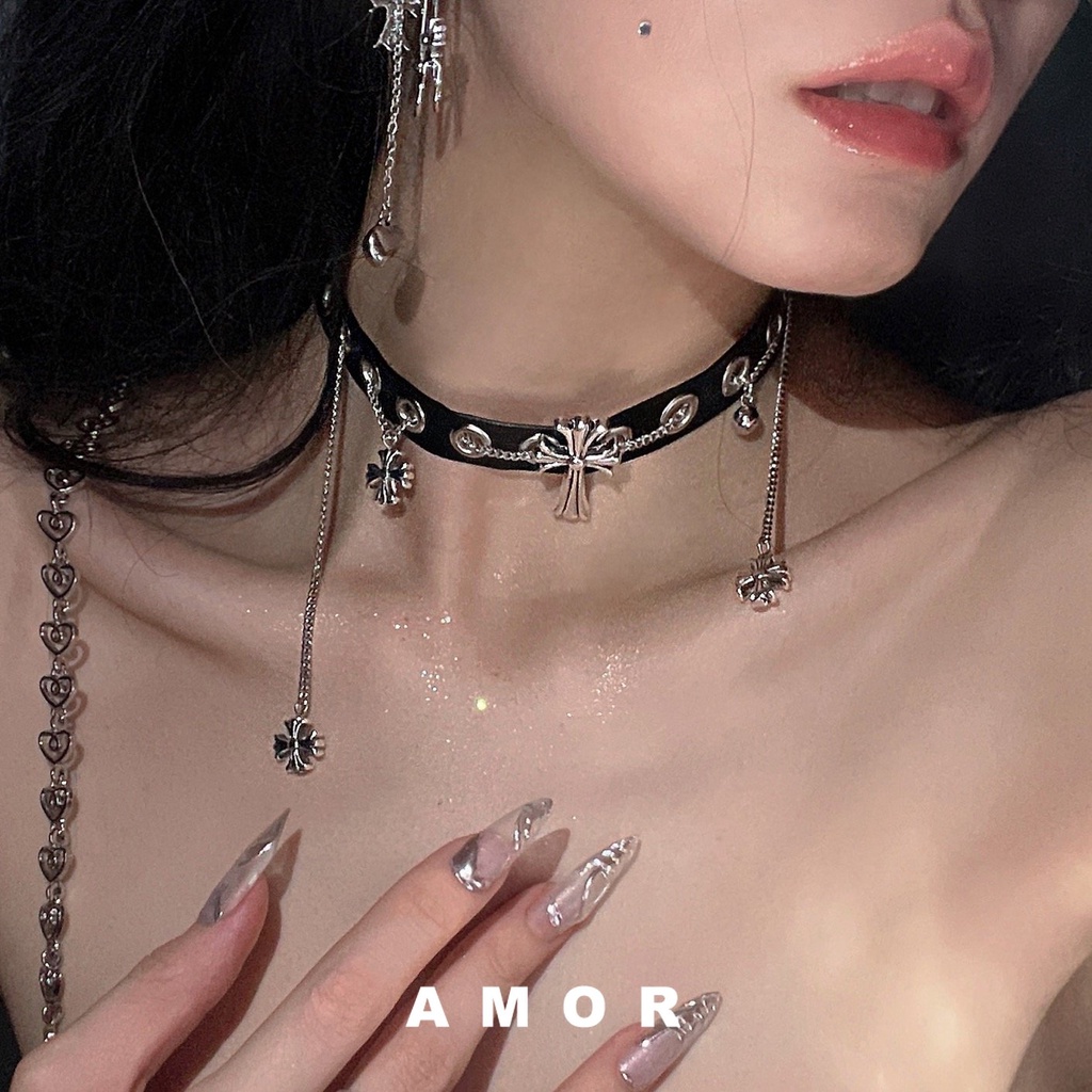 ปลอกคอหนัง PU ข้าม Y2K เค้นคอ เกาหลี เทรนด์คอสเพลย์โซ่กระดูกไหปลาร้า