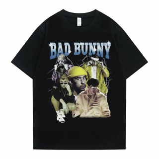 เสื้อยืดเท่ ฮิปฮอปแร็ปเปอร์ Bad Bunny กราฟิกพิมพ์เสื้อยืดแขนสั้นผู้ชายรุ่นเฮฟวี่เวท Tees ท็อปส์ซูผู้ชายผู้หญิงแฟชั่นแบรน