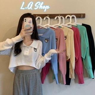 L.A Shop พร้อมส่ง เสื้อครอปไหมพรมแขนยาว คอปก ปักหน้าหมีน่ารักสีคิ้วมาก "91025"