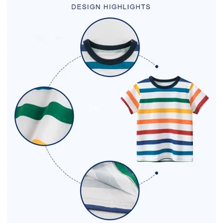 เสื้อยืดแขนสั้น ผ้าฝ้าย ลายทาง สีสันสดใส สําหรับเด็กผู้ชาย