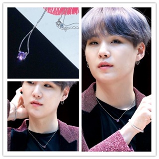 สร้อยคอโซ่ จี้รูปกล่อง SUGA ประดับพลอยเทียม สีม่วง แบบเรียบง่าย สไตล์ศิลปินเกาหลี