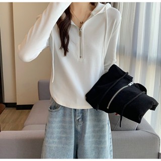 NINGFASHION เสื้อกันหนาวเเขนยาวผ้ายืดผู้หญิง มีฮู้ดซิบรูด รุ…