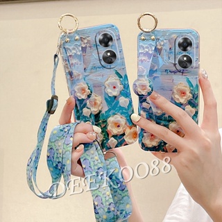 เคสโทรศัพท์ OPPO A17K A17 A77S A57 A96 A76 4G A77 5G Reno8 Reno7 Z Pro Casing Shiny Bling Smartphone Case with Wristband + Strap Rope Softcase Flower Back Cover เคส Reno 8 8Z 8Pro 7 7Z 7Pro