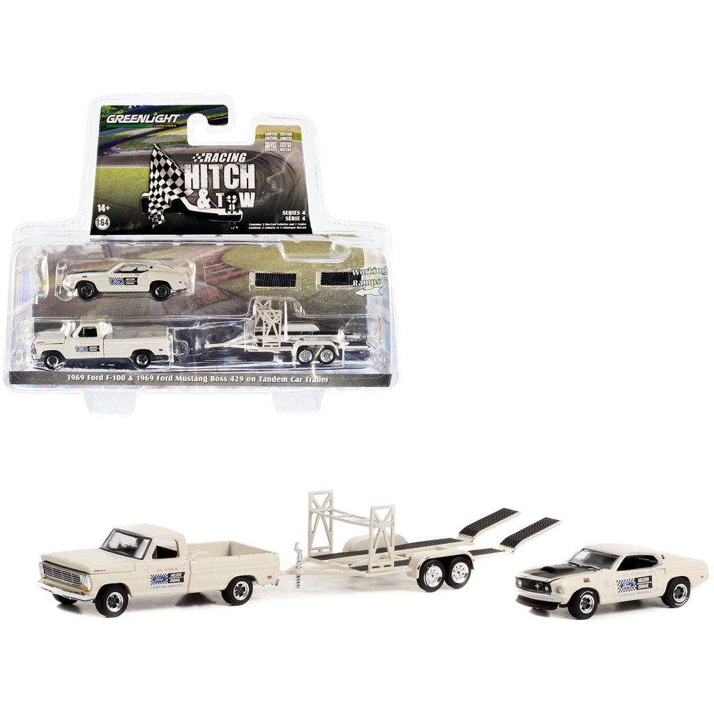 Greenlight 1/64 Racing Hitch & Tow Series 4 - 1969 Ford F-100 & 1969 Ford Mustang Boss 429 on Tandem Car Trailer 31140-B