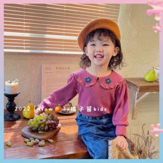 Girls Korean style solid color flower base shirt childrens western style bumper line doll collar top baby long sleeve T-shirt