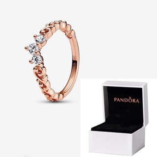 Pandora แหวนเงิน 925 ประดับเพชร เพทาย 18K สีโรสโกลด์ พร้อมกล่อง สําหรับหมั้น งานแต่งงาน