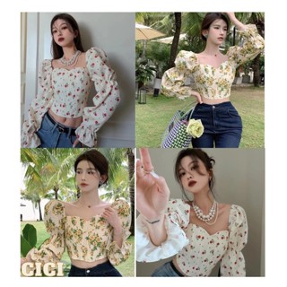 Cici ❣🇹🇭🚚พร้อมส่ง❣(3737)เสื้อครอปแขนยาว สม็อคหลัง ดีเทล จั้มช่วงแขน ลายดอกไม้