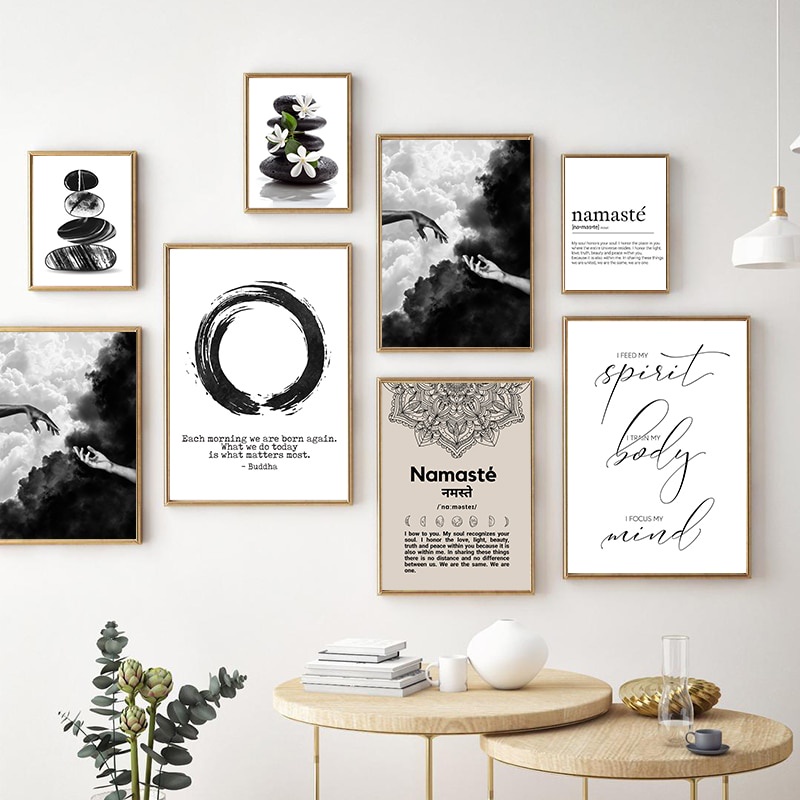 พระพุทธรูปคําคมศิลปะพิมพ์สีดําสีขาว Yin Yang Minimalist โปสเตอร์ Enso วงกลมผ้าใบภาพวาด Zen Wall ภาพโยคะ Spiritual Decor