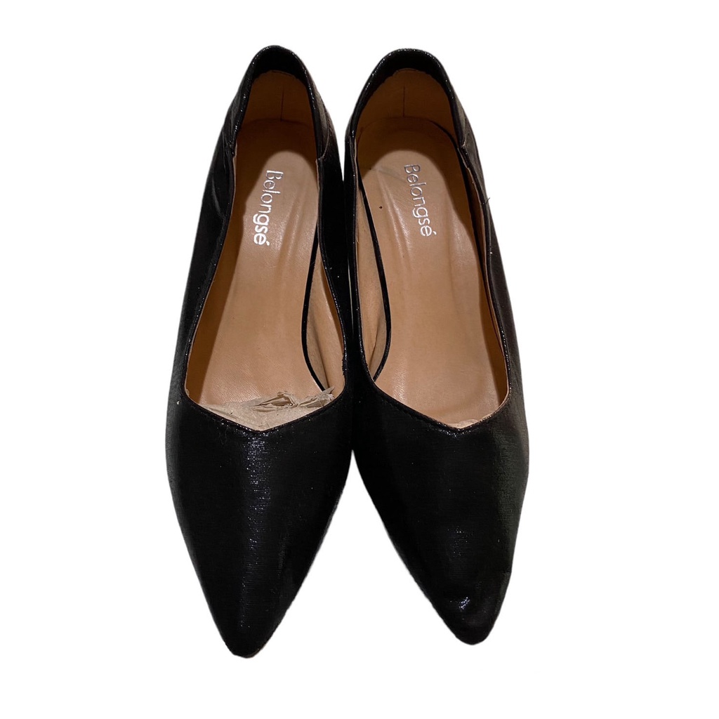 รองเท้าคัทชูมีส้นผู้หญิงสีดำ มือสอง รองเท้าคัชชูปลายแหลม เบอร์ 39