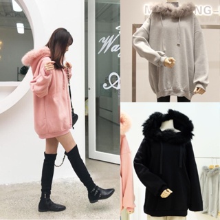 🔥287🔥พร้อมส่ง ส่งไว ทันใจ ร้านคนไทยค่ะ❤️fur collar hooded long sweat มินิเดรส สเวตเตอร์ มาพร้อมฮู้ดแต่งเฟอร์