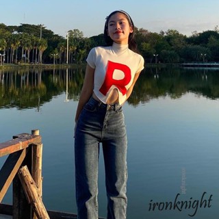 เสื้อยืดแขนสั้น คอสูง พิมพ์ลายตัวอักษร ironknight สําหรับผู้หญิง