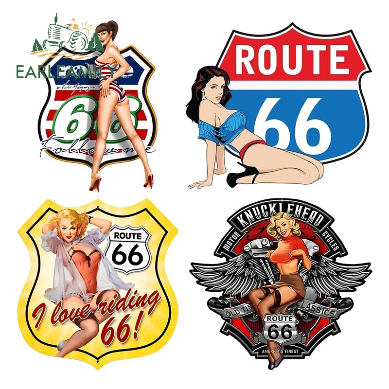 EARLFAMILY 13 ซม.เส้นทาง 66 ผู้หญิงสวย Retro สติกเกอร์รถกราฟิก Decal Windows Trunk กันชนรถจักรยานยนต์ Trunk RV รถอุปกรณ์เสริม