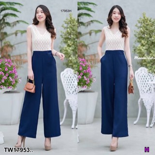 SS17953 Jumpsuit จั้มสูทขายาว ลูกไม้ ตัดต่อกางเกงสีพื้น ผูกโบว์ ..