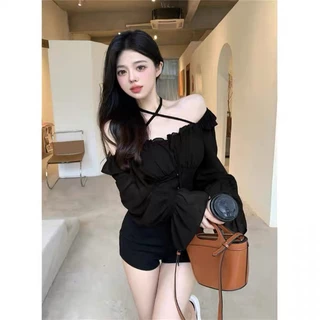 Cicishop(3047)เสื้อครอปแขนยาว แต่งชายระบายเก็บทรงสวย ดีเทลสายคล้องคอเพิ่มระดับความแซ่บ