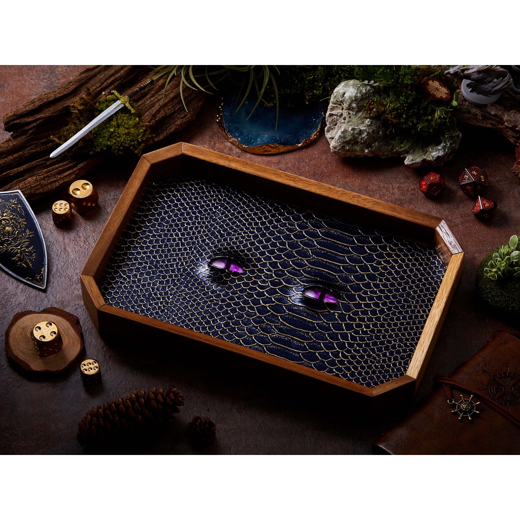 BEHOLDER Dice Tray | Blue Gold Leather & Purple eye | Octagon Dice Tray | Faux Leather | RPG Dice Tr