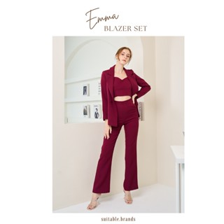 Emma Blazer Set - เซตสูท 3 ชิ้น เสื้อสูททรงโอเวอร์ไซส์+เสื้อครอป+กางเกงขายาว (แดงไวน์)