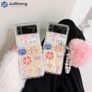 Jusheng เคสโทรศัพท์มือถือแฟชั่น แต่งโซ่ลูกบอลขนสัตว์ สําหรับ Samsung Z Flip5 Z Flip4 Z Flip3 3 ชิ้น