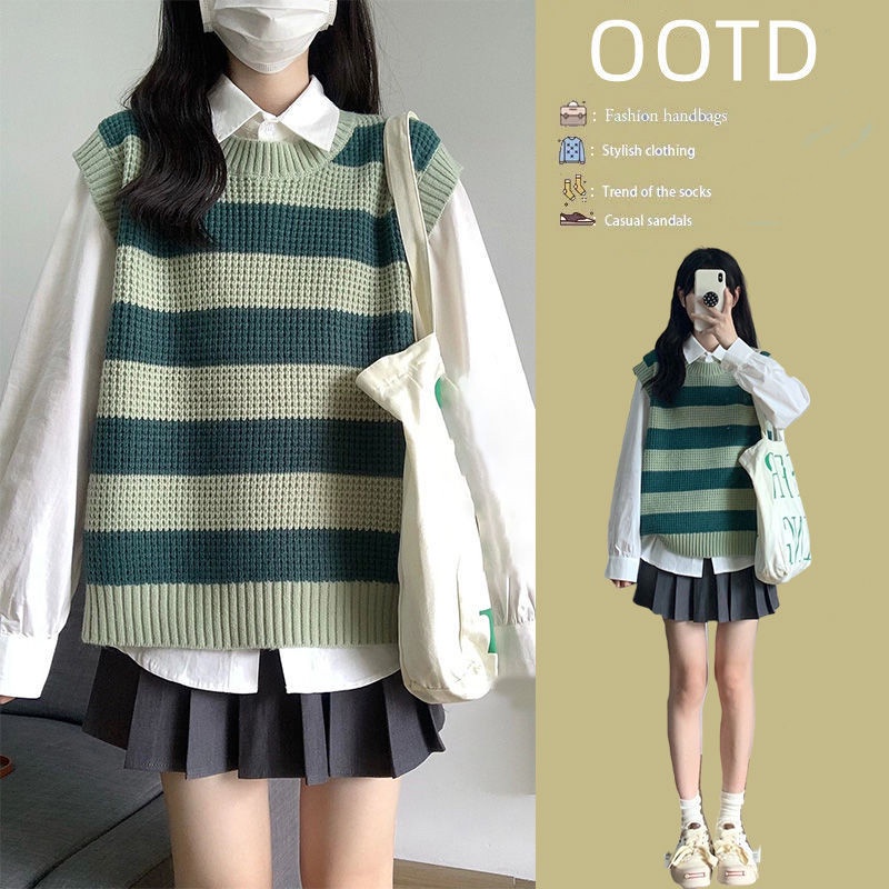 ชุดเซท2ชิ้น เสื้อกั๊กไหมพรม+เสื้อเชิ้ตแขนยาว ผ้านิ่มมาก ใส่สบาย