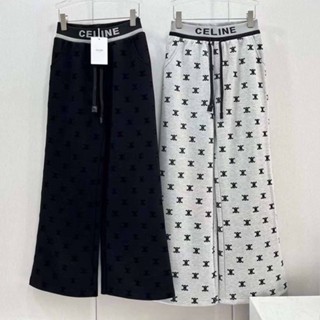 CELINE TRIOMPHE LOGO PRINT ELASTIC WAIST COTTON PANTS กางเกงขายาวเอวยางยืด ทรงขากระบอกใหญ่ ทรอมฟี่ สีเทา ผูกเชือก