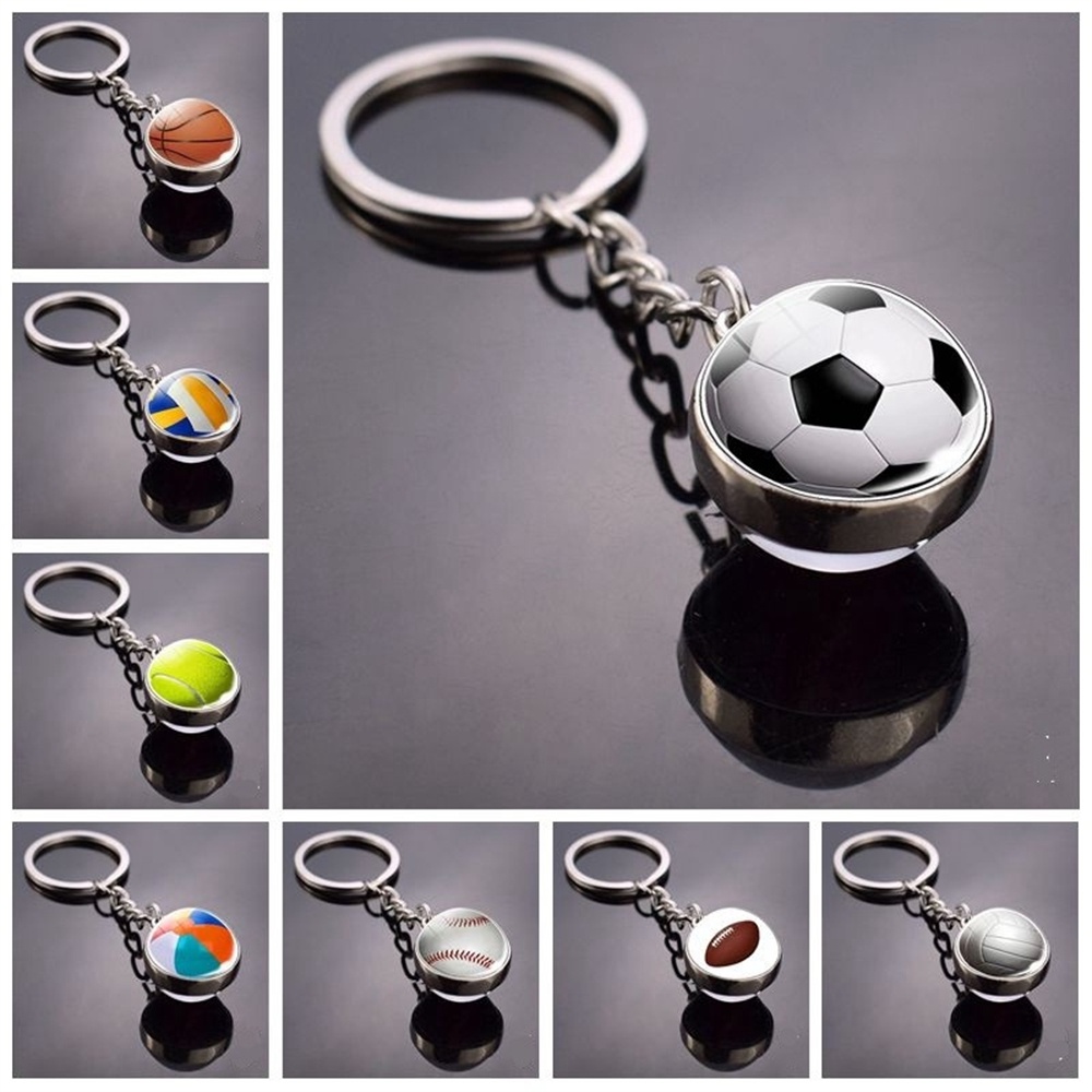 Creative บาสเกตบอลพวงกุญแจลูกบอลแก้วพวงกุญแจฟุตบอลวอลเลย์บอลรักบี้ Sporting Key Chains กระเป๋ารถ Pendents