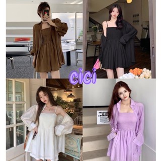 Cici ❣🇹🇭🚚พร้อมส่ง❣(Sst1100)SET 2 ชิ้นเสื้อแขนยาว+เดรสสายเดี่ยวกางเกง SETนี้ช่วยพรางหน้าท้องสุดใส่แล้วน่ารักโคเรียเวอร์