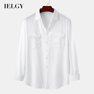 Ielgy เสื้อเชิ้ตแขนยาว ผ้าลินิน ทรงสลิมฟิต สําหรับผู้ชาย