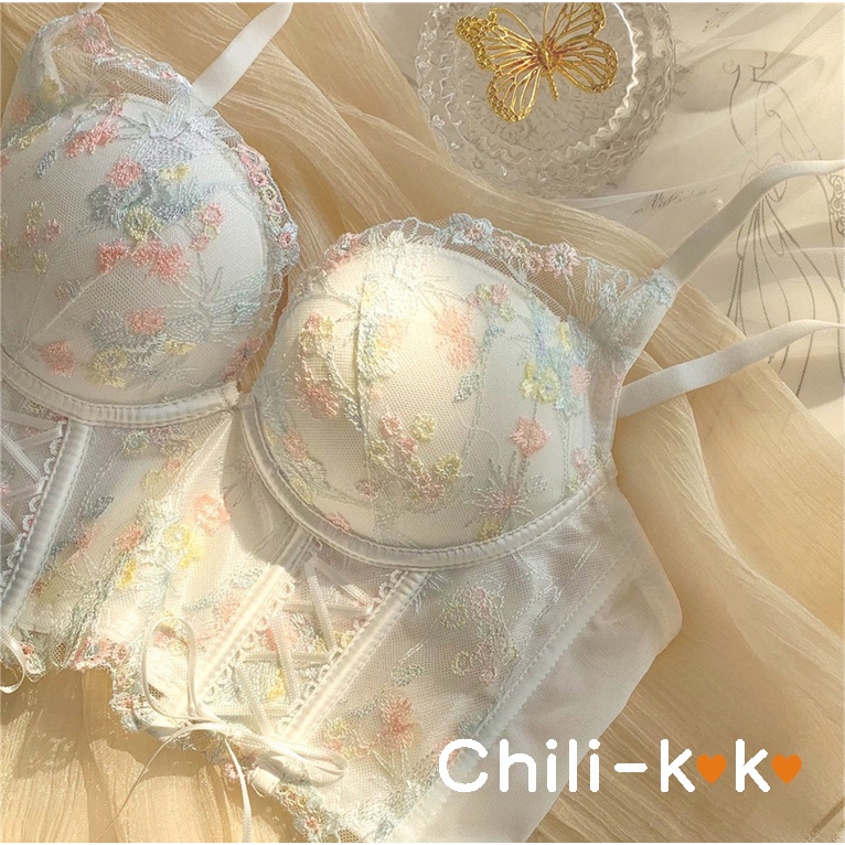 Chili_k k ชุดชั้นใน เสื้อชั้นใน ดันทรง ปักลายลูกไม้ เซ็กซี่ ใส่สบาย สําหรับผู้หญิง 5692