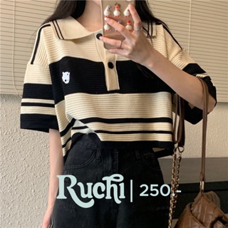 RUCHI ❤️ เสื้อยืดคอปกตัวสั้น เสื้อครอป polo crop โปโล เสื้อน่ารัก สีออกครีม ดำ น่ารักมากๆเลย