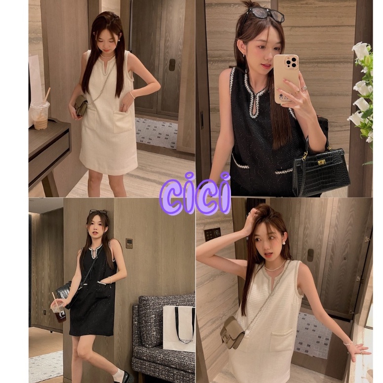 CICI พร้อมส่ง (1093)มินิเดรสแขนกุด มีกระเป๋าหน้า เว้าคอลึกทรงปล่อยดีเทลเรียบหรูสวยน่ารักได้ลุคลูกคุณหนูมากก