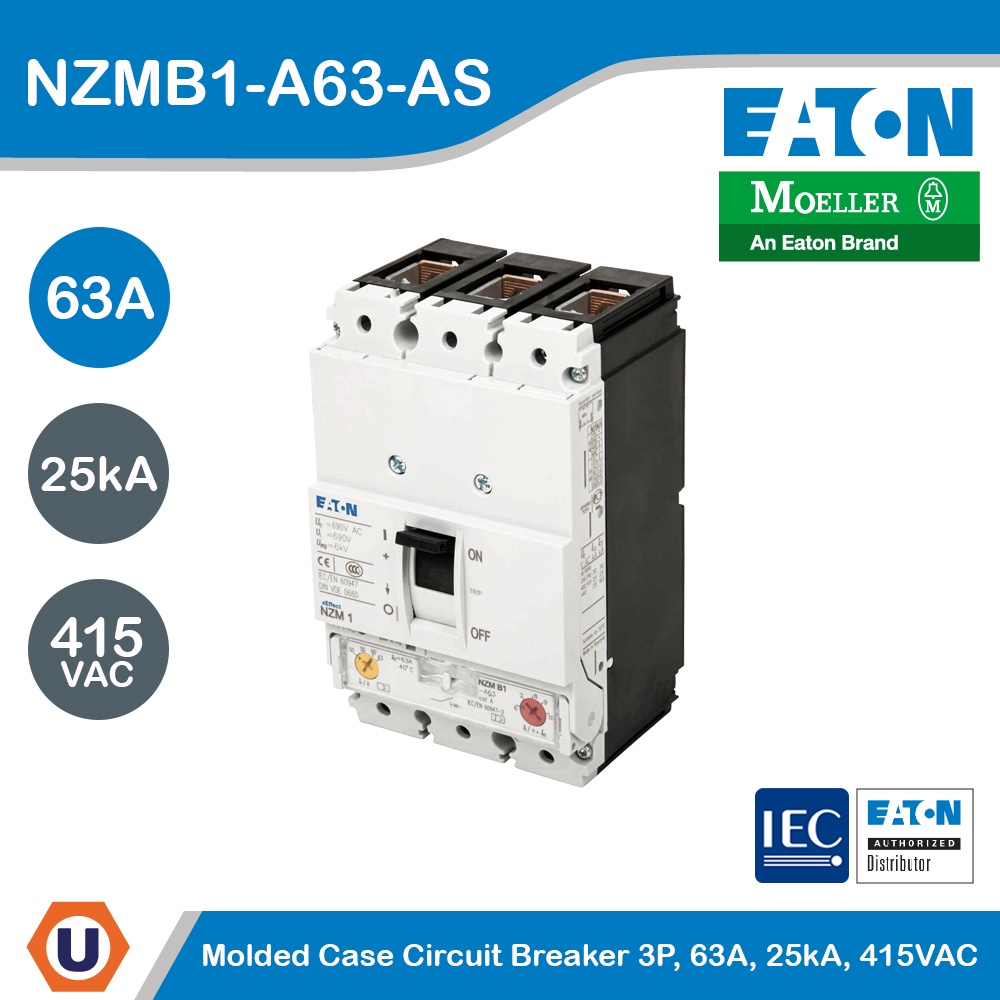 EATON Molded Case Circuit-Breaker (MCCB) 3P 63A 25kA ที่ 415VAC รหัส NZMB1-A63-AS | Ucanbuys