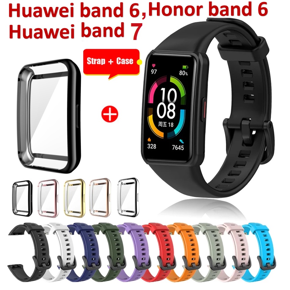 Huawei band 7, Huawei band 6 Strap + case Honor band 6 สายซิลิโคน Huawei band 6 เคส TPU แบบเต็มจอ ป้องกัน นิ่ม Huawei band 6 ป้องกัน Huawei band 7 เคส