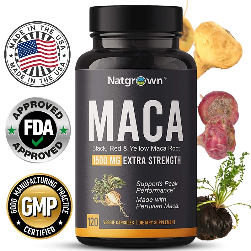 Organic Maca Root Powder Capsules 1500 Mg with Black+Red+Yellow Peruvian Maca Root Extract Supplemen