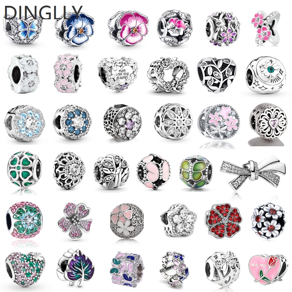 Dinglly ลูกปัดคริสตัล รูปผีเสื้อ ดอกไม้ สีชมพู สีเงิน สําหรับทําเครื่องประดับ DI