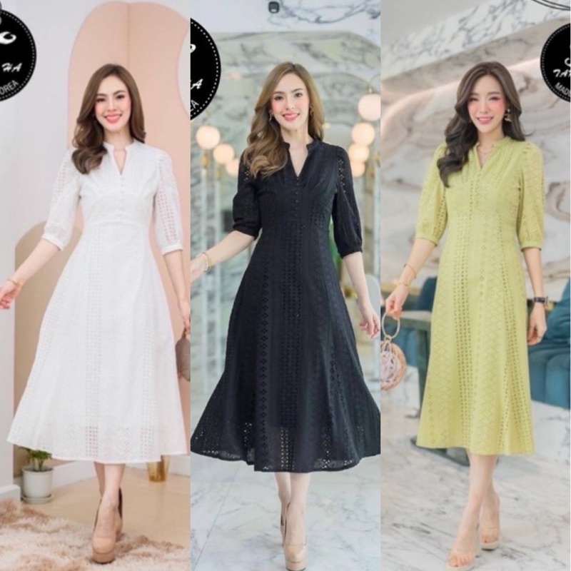 พร้อมส่ง S-4XL ป้าย Tarm Ha เดรสยาว เดรสฉลุแขนสามส่วน ผ้าดีมาก ชุดงานบุญ