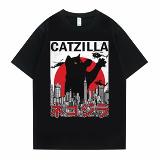 เสื้อยีด ญี่ปุ่นอะนิเมะ Catzilla Kat ลูกแมว Minnaar Tshirt Grappige Mannen แฟชั่นวินเทจทีส์ Mannen Vrouwen โอเวอร์ไซส์แค