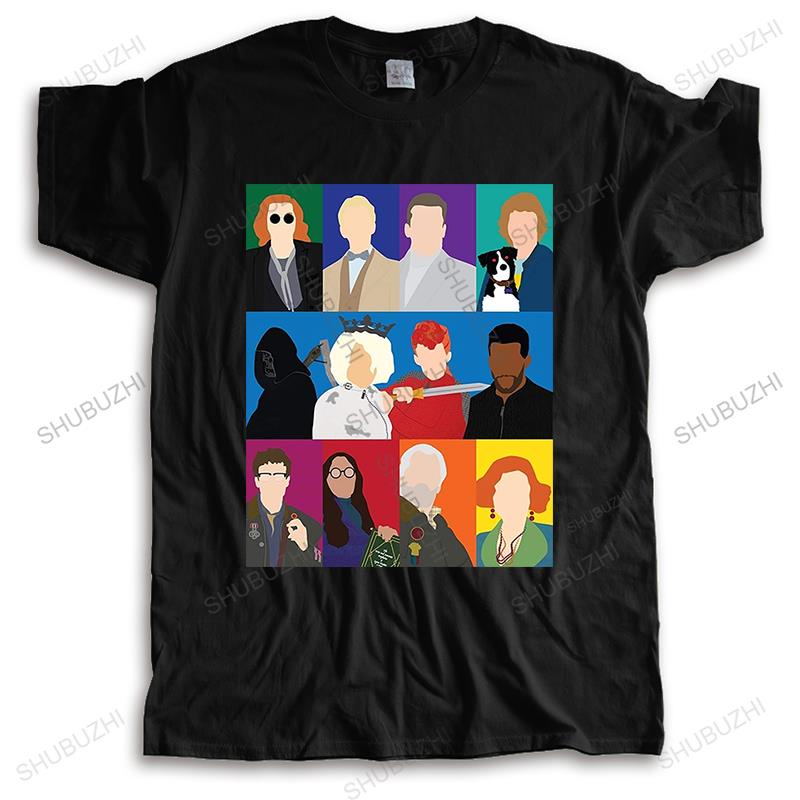 เสื้อยีด ผู้ชายใหม่เสื้อยืดแขนสั้นลางบอกเหตุแองเจิล Aziraphale Crowley Pop Art สีดําแฟชั่นผ้าฝ้ายแบร