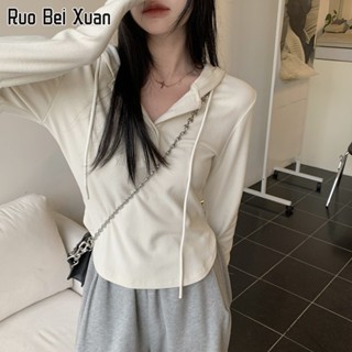 RUO BEI XUAN เสื้อยืดมีฮู้ดผู้หญิงเกาหลีบางแขนสั้นมีฮู้ดเสื้อแจ็คเก็ตดีไซน์อินเทรนด์Top