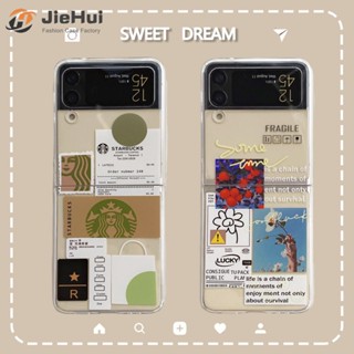 Jiehui เคสโทรศัพท์มือถือ ลายฉลาก Starbucks ดอกไม้ แฟชั่น สําหรับ Samsung Z Flip4 Z Flip3 Z Flip2 Z Flip1