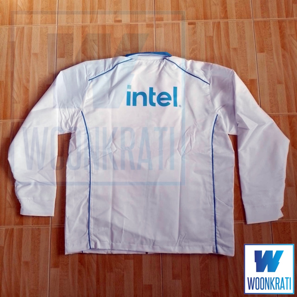 เสื้อแจ็คเก็ค เสื้อแมสเซ็นเจอร์ สายทำงาน กันหนาว กันลม Intel (โอลิมปิกโตเกียว 2020) สีขาว+ฟ้า สภาพดี