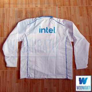 เสื้อแจ็คเก็ค เสื้อแมสเซ็นเจอร์ ส่งเอกสาร กันหนาว กันลม Intel (โอลิมปิกโตเกียว 2020) สีขาว+ฟ้า สภาพดี ไซด์ XXL - unused