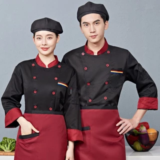 2 ชิ้นเสื้อ + ผ้ากันเปื้อน Chef clothes ชุดเชฟทำอาหาร เสื้อแขนยาว ชุดเชฟ นเสื้อ ผ้ากันเปื้อน เนื้อผ้า cotton