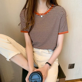 เสื้อยืด คอกลม แขนสั้น ผ้าฝ้าย ลายทาง แฟชั่นฤดูร้อน สําหรับผู้หญิง