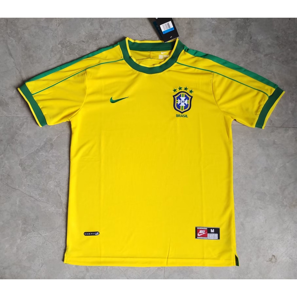 เสื้อกีฬาแขนสั้น ลายทีมชาติฟุตบอล Brazil 1998 ชุดเหย้า สไตล์วินเทจ
