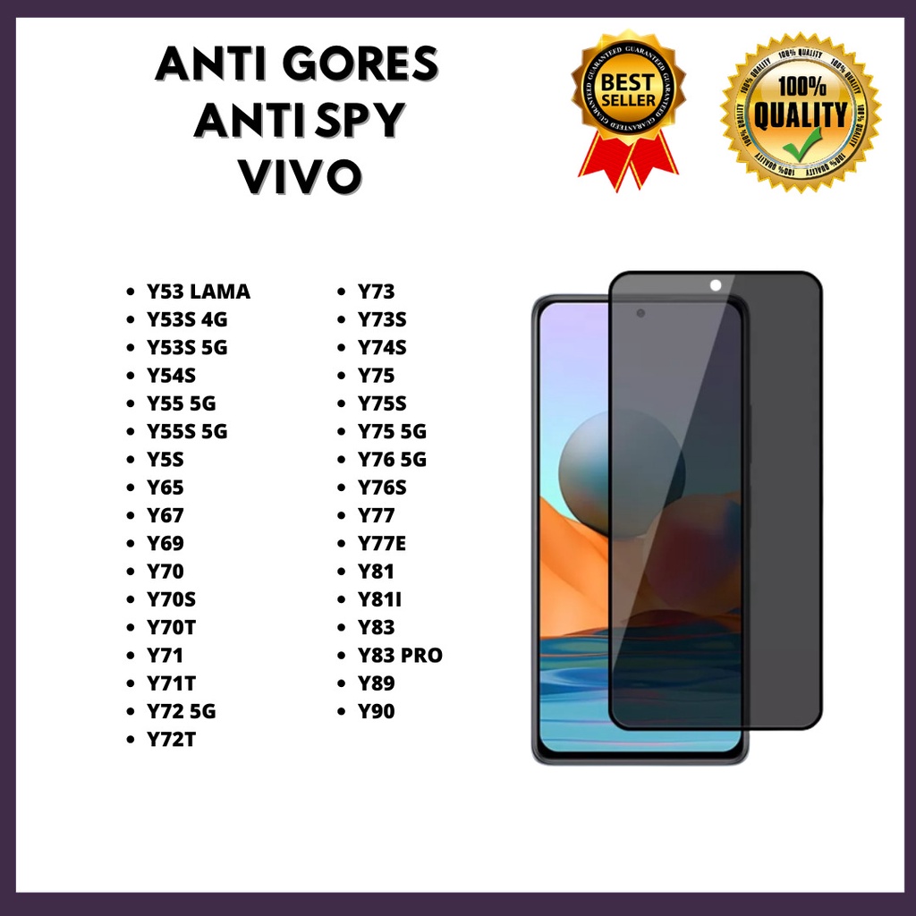 ฟิล์มกระจกป้องกันความเป็นส่วนตัว VIVO Y53 OLD-Y53S 4G-Y53S 5G-Y54S-Y55 5G-Y55S 5G-Y5S-Y65-Y67-Y77-Y8