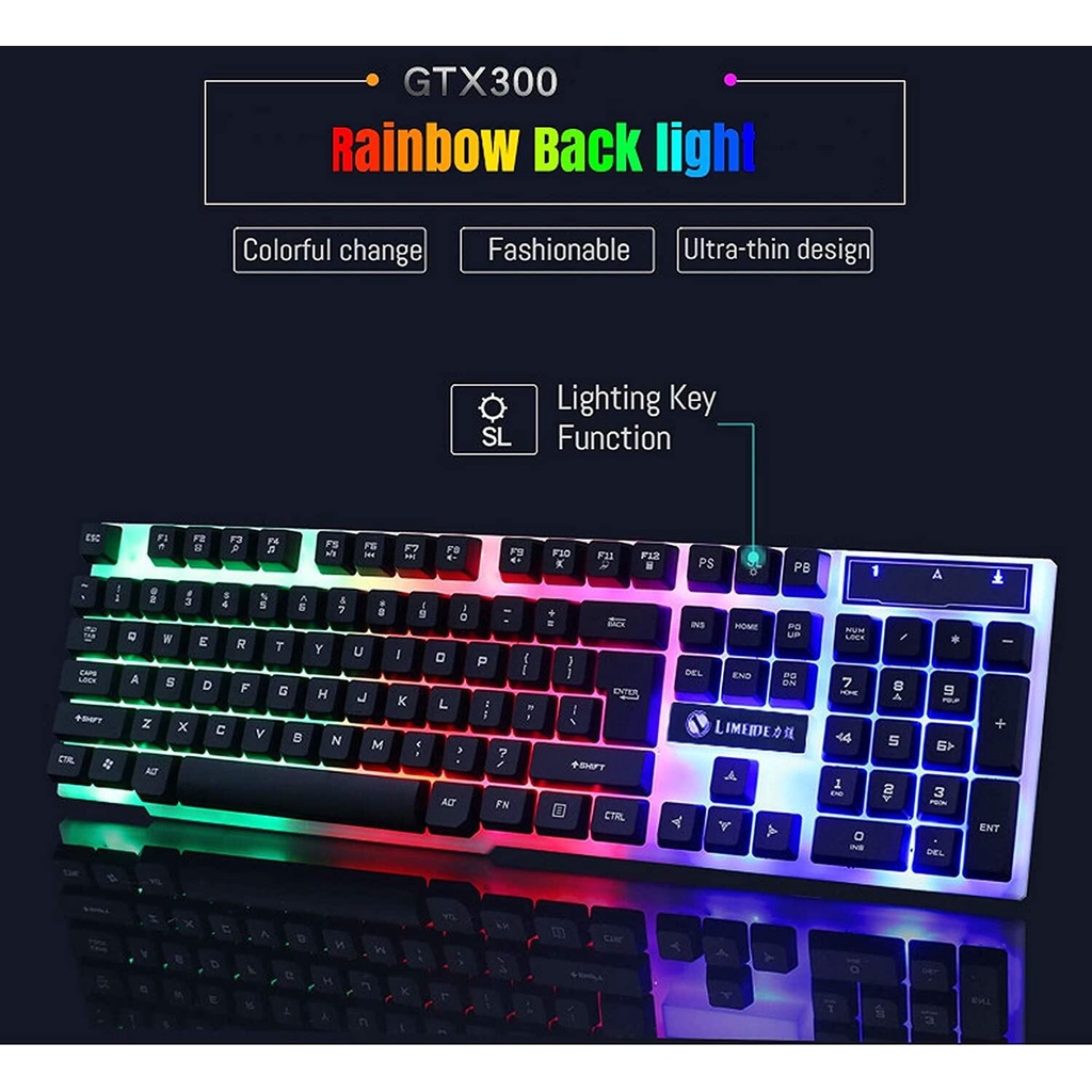 ชุดคีย์บอร์ด + เมาส์ ไฟสีรุ้ง  LIMEIDE GTX300 Gaming Keyboard mouse Rainbow RGB LED Illuminated ✨ MX9I