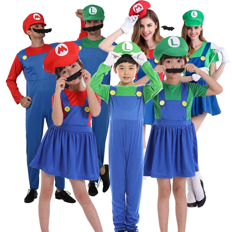 ผู ้ ใหญ ่ เด ็ ก Super Mario Brothers คอสเพลย ์ เครื ่ องแต ่ งกายชุด Mario Luigi เด ็ กฮาโลวีนปาร ์ ตี ้ เครื ่ องแต ่ งกายชายหญิง Mario เครื ่ องแต ่ งกายตลก Party