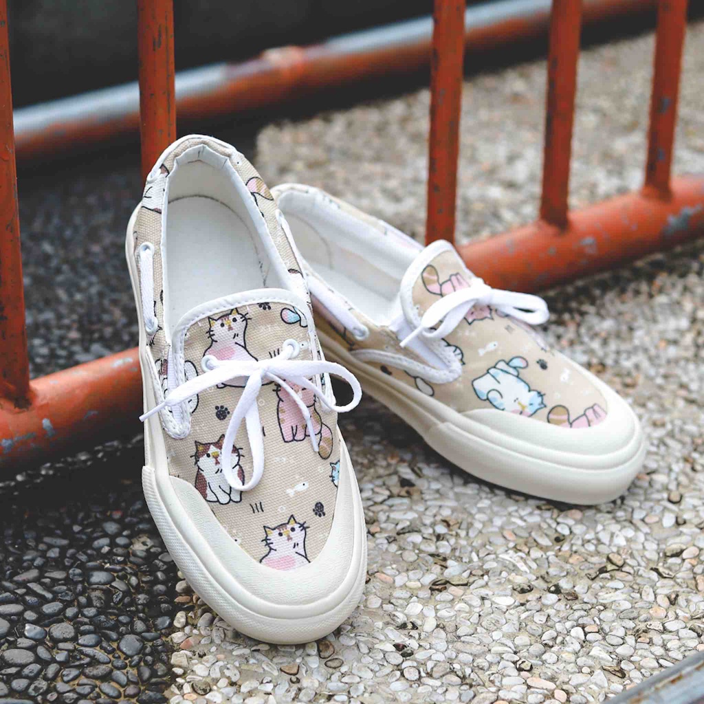 รองเท้าผ้าใบลําลอง สําหรับสตรี ลาย Pay On The Spot Vans Zapato Cat Cream